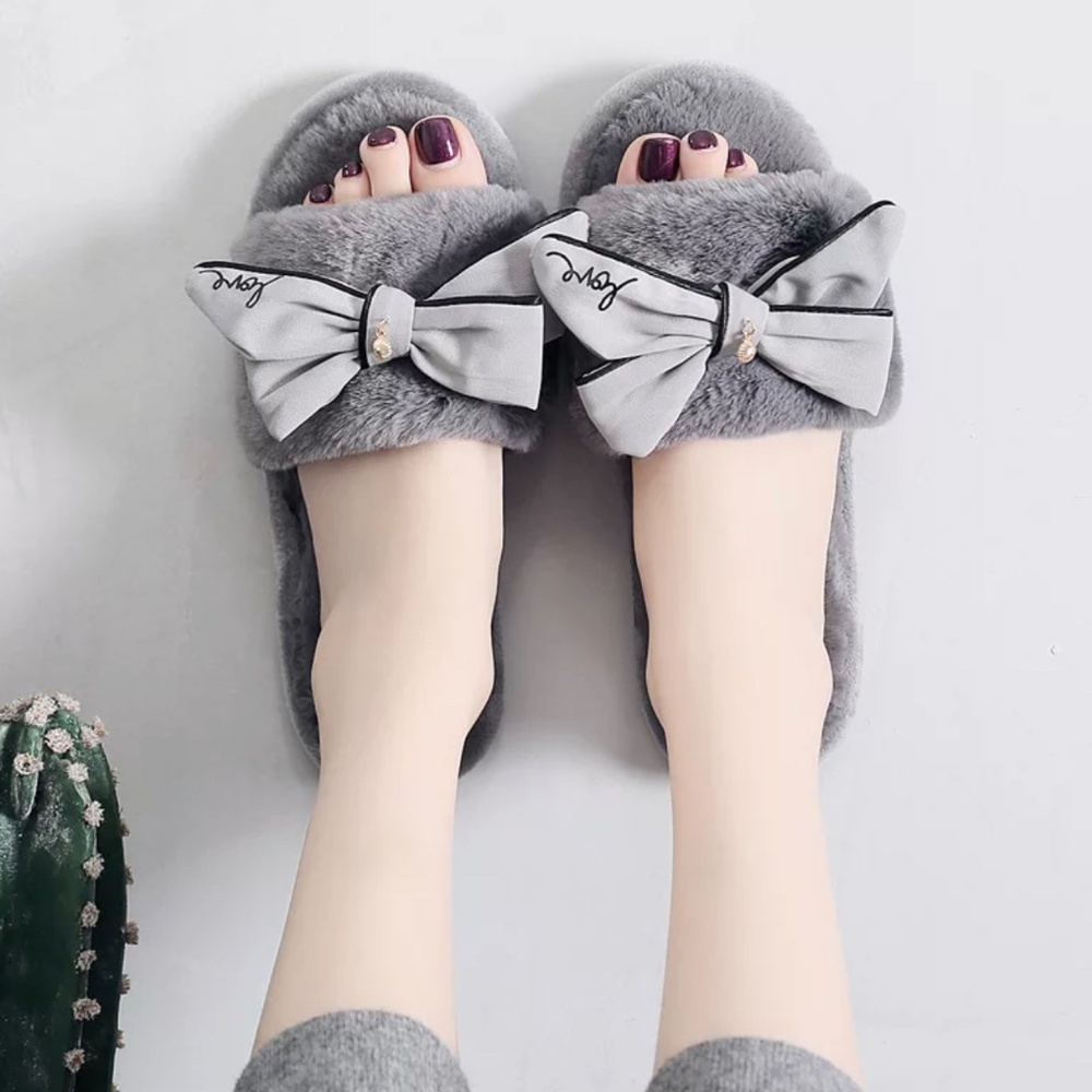 Gray Bow faux fur plush slipper wedding gift slipper